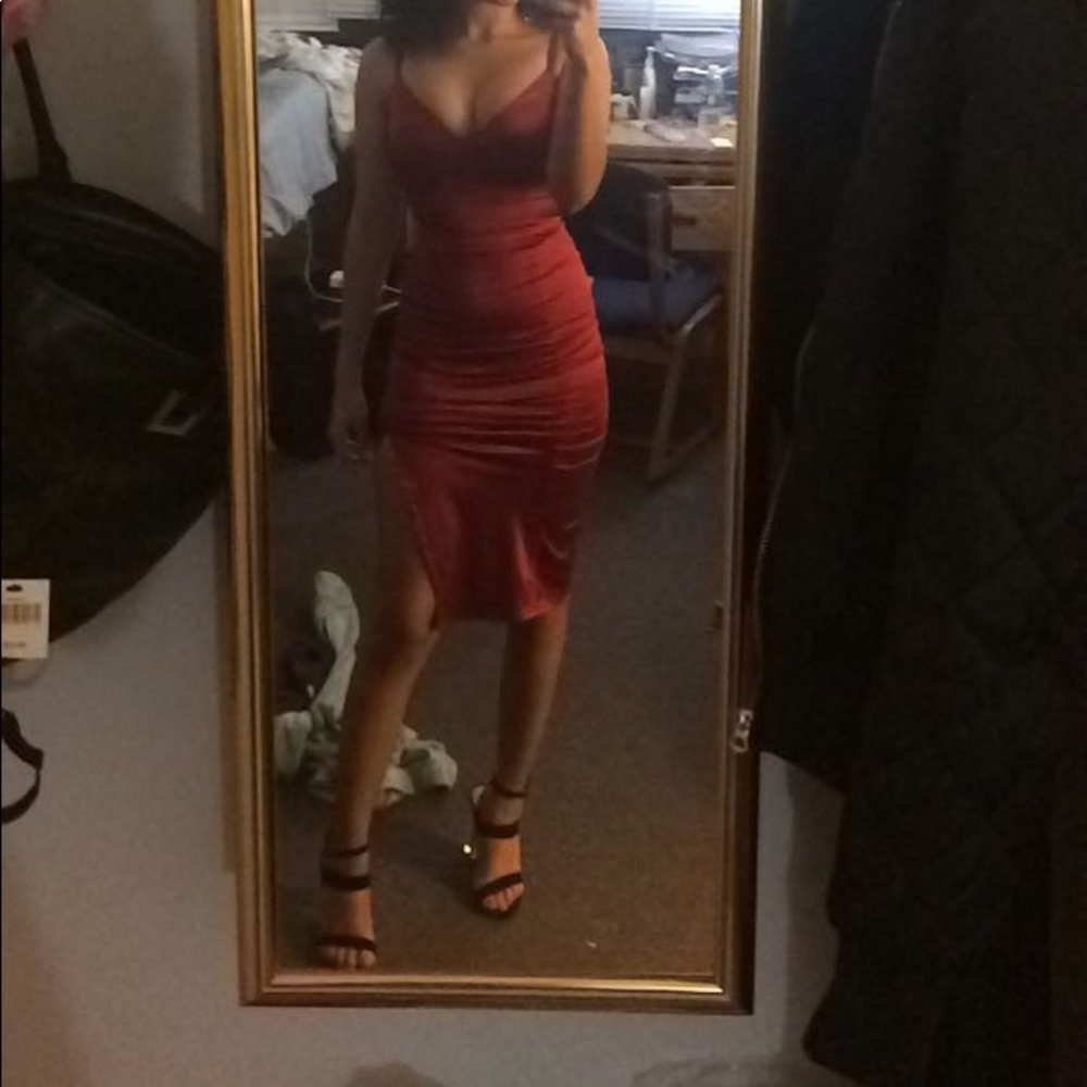 Oh polly red satin dress with slit. Worn once.